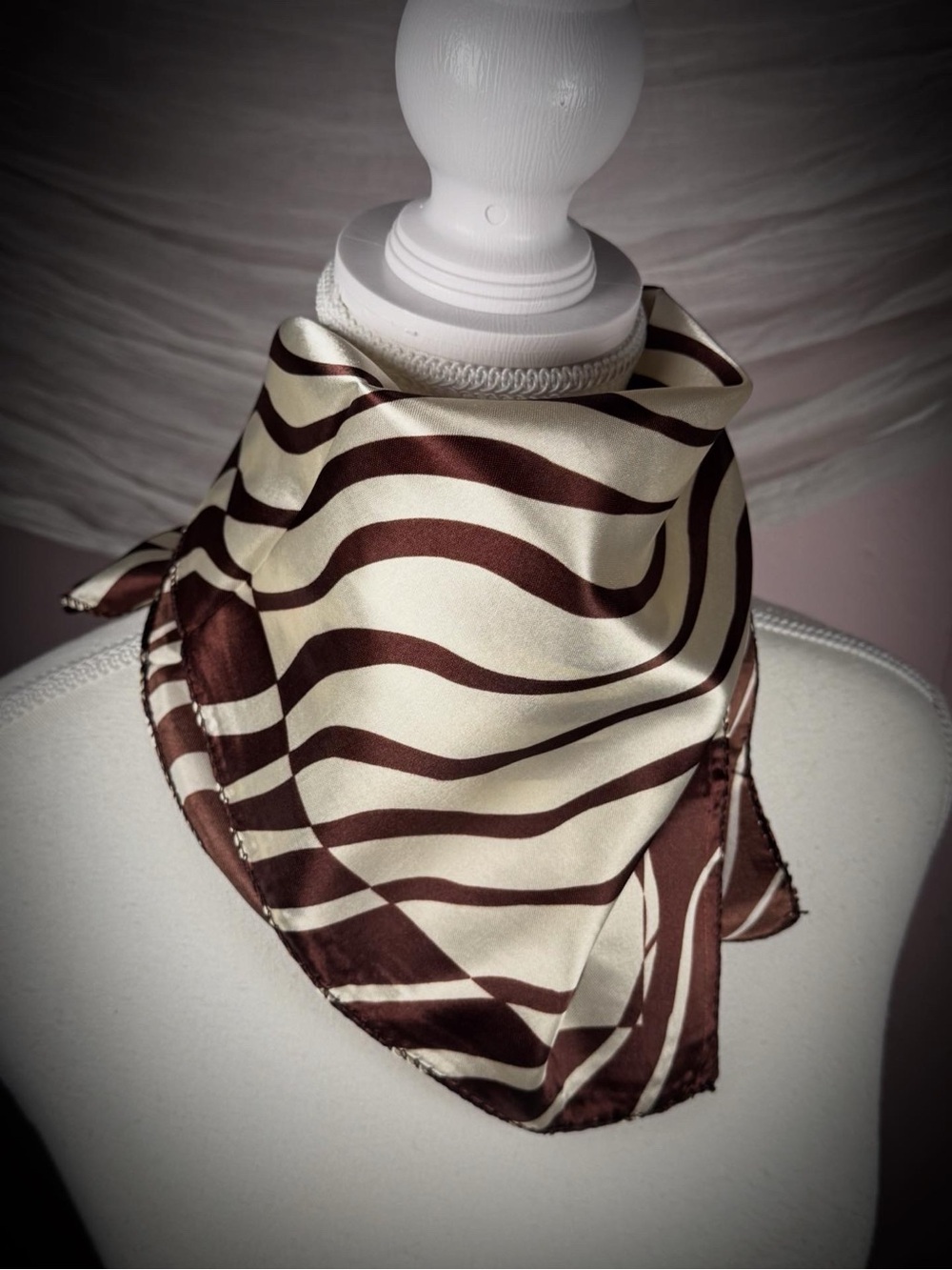 Vintage Brown Cream Zebra Print Satin Scarf